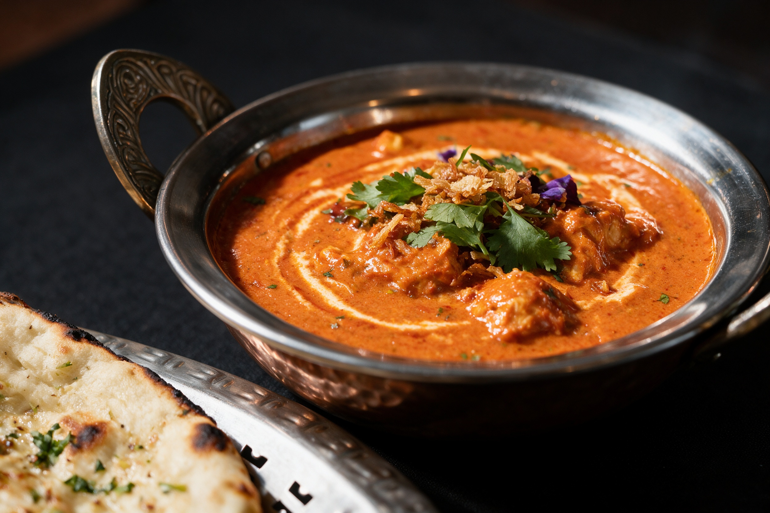 Butter chicken: curry naranja cremoso con trozos de pollo y hojas de cilantro