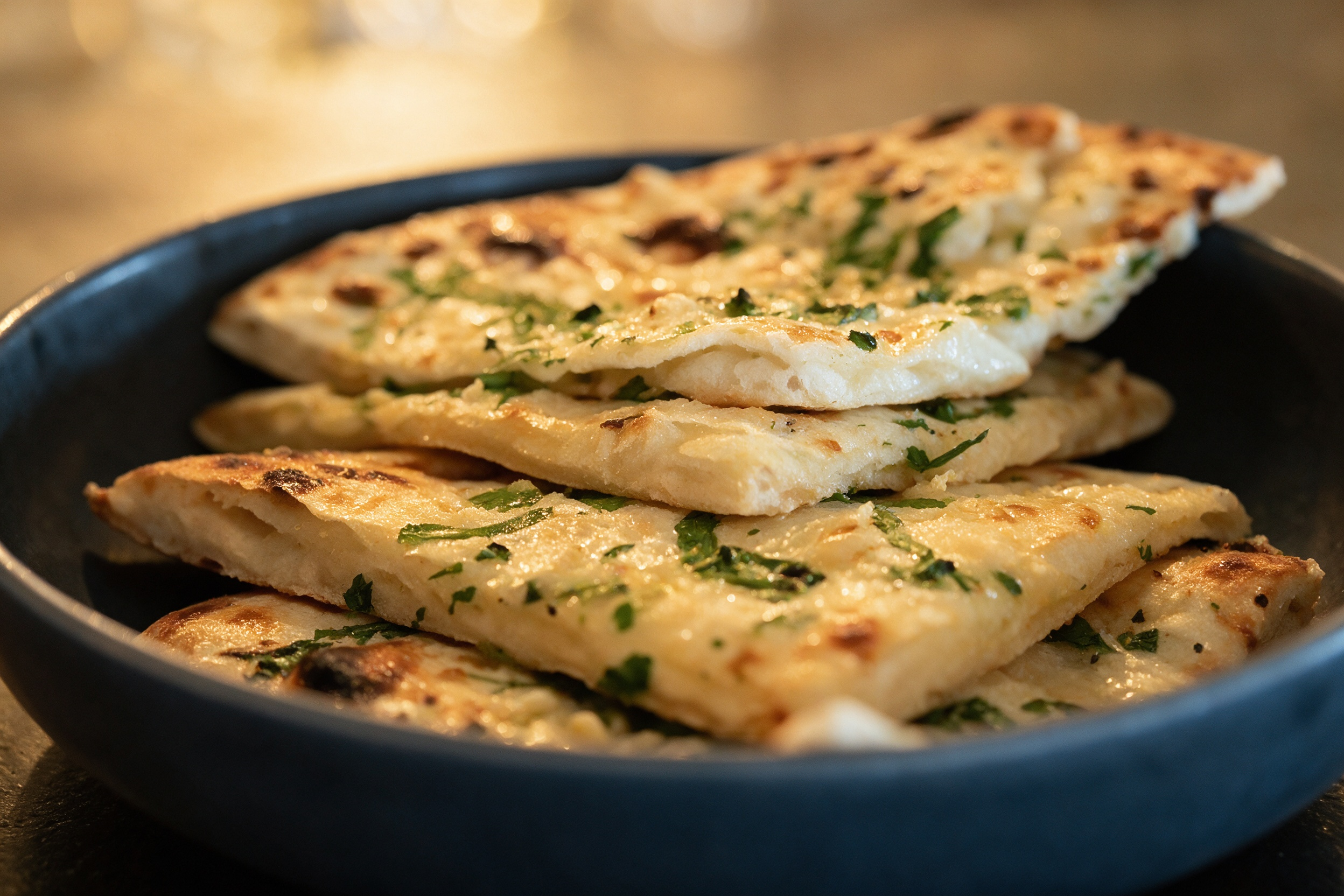 Garlic naan recién hecho al horno tandoor